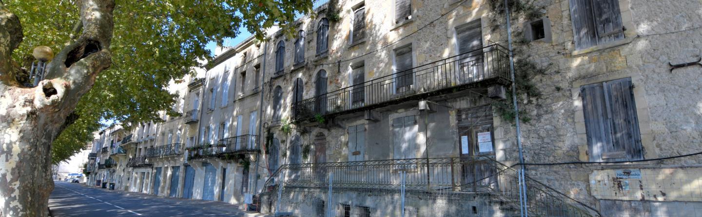 Rue bordée d'arbres et façades en pierre avec volets en Gironde