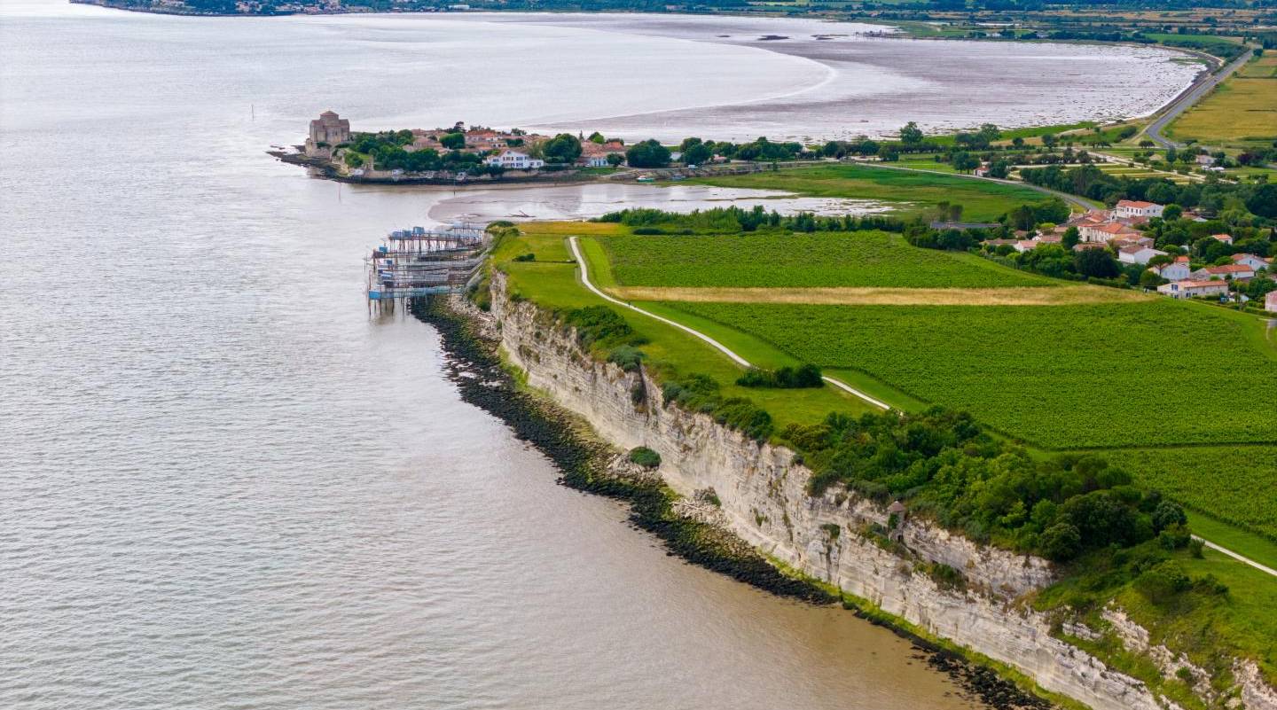 Falaises de l'estuaire de la Gironde à Talmont, vignobles et église Sainte-Radegonde